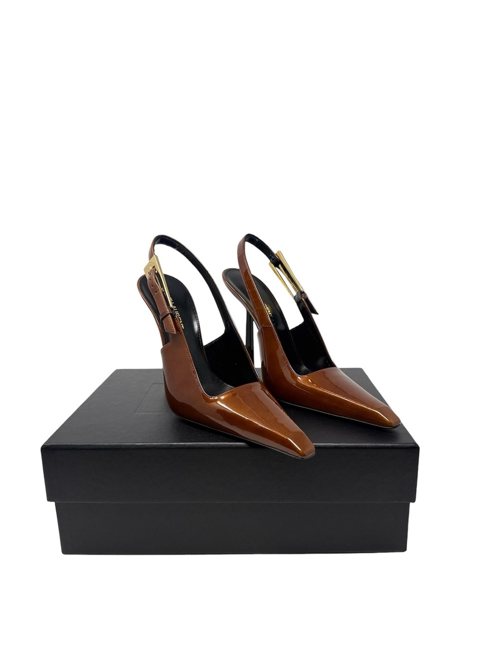 Saint Laurent Lee Slingback Pumps Brown Patent Leather Gold Buckle Heels Size 38